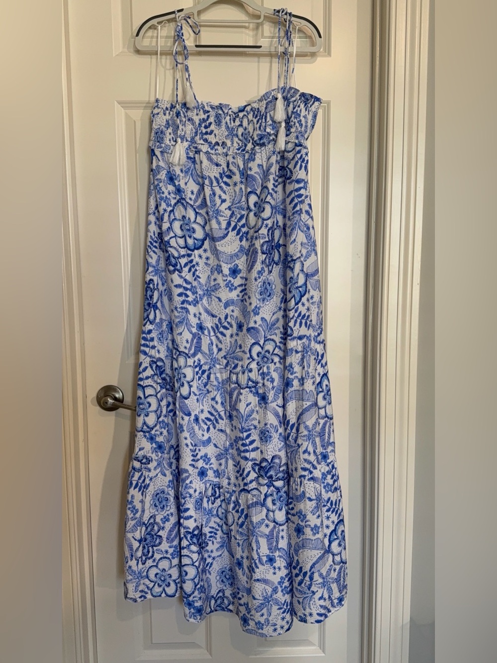 Oddi Blue and White Floral Maxi Dress with Smocked Bodice